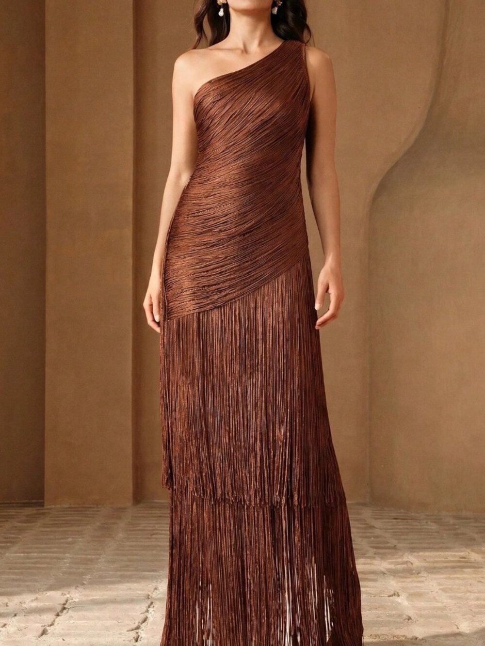 Coffee Elegant Women's Fringe Zipper Asymmetrical Mini Bodycon Dress - Picture 4 of 7